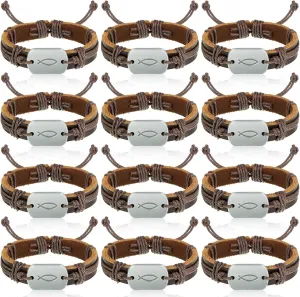 12 Pcs Sign of the Fish Bracelet First Communion Confirmation Bracelet Gifts Retro Leather Jesus Christian Christmas Charms for Men Women