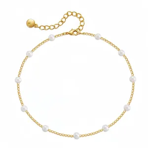 14K Gold Plated Charm Link Chain Anklets for Women, Dainty Pearl Beaded Adjustable Gold Ankle Bracelet