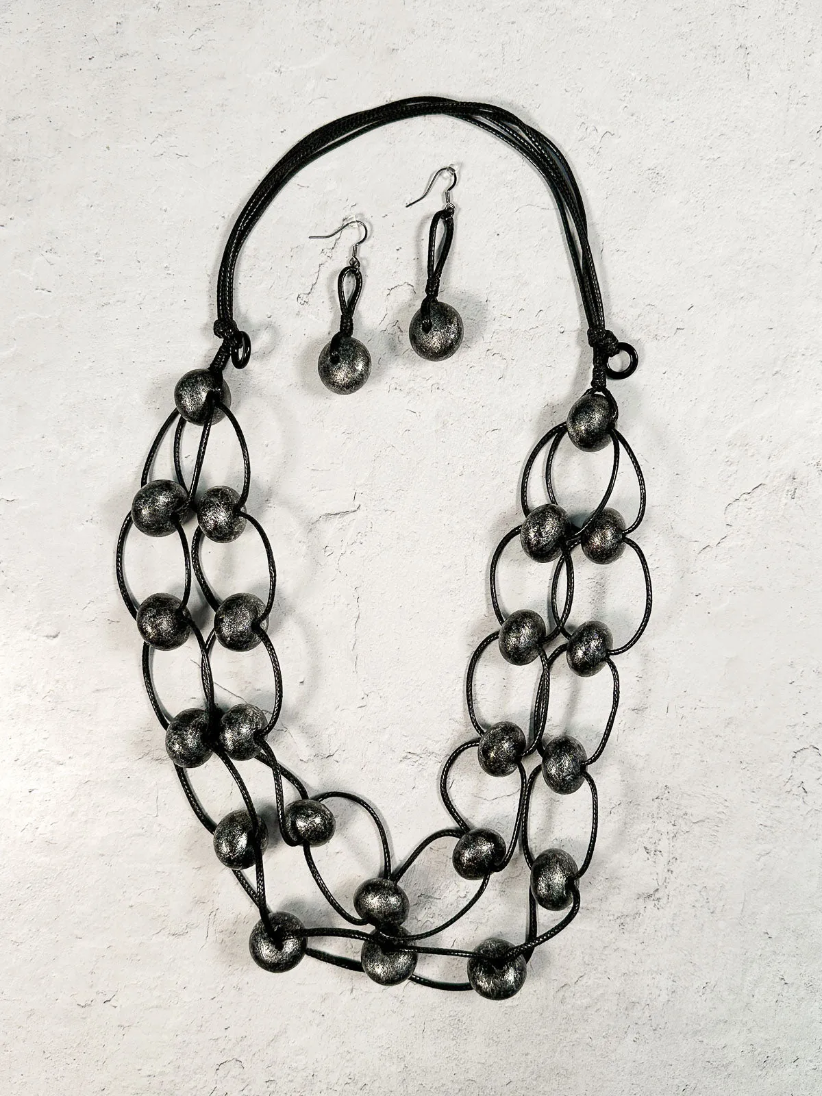 2 Strand Wood Bead & Links Necklace & Earrings Set, Black
