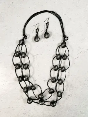 2 Strand Wood Bead & Links Necklace & Earrings Set, Black