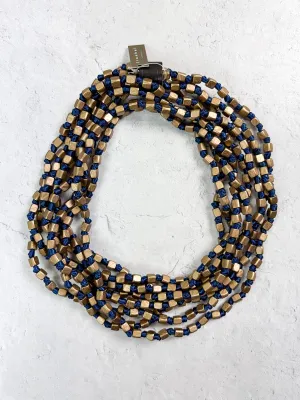 4 Strand Square Bead on Knotted Cord Necklace, Gold/Royal Blue