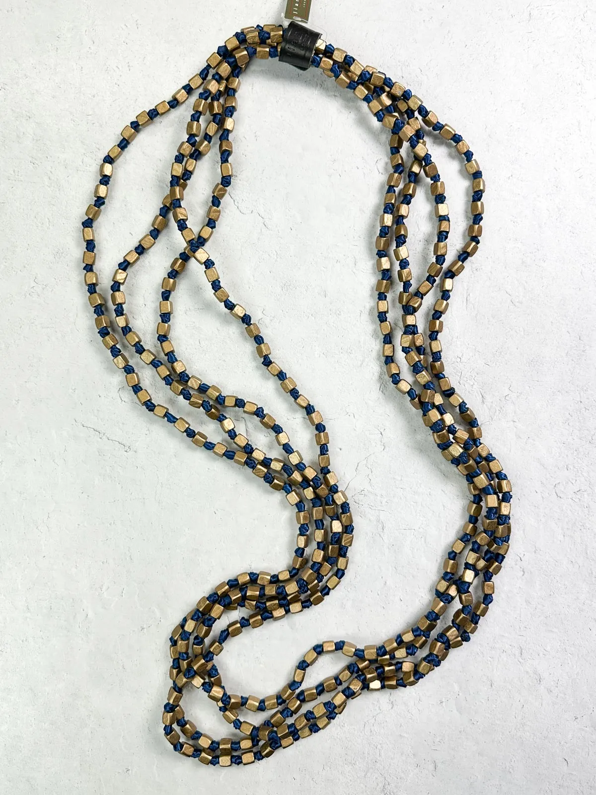 4 Strand Square Bead on Knotted Cord Necklace, Gold/Royal Blue