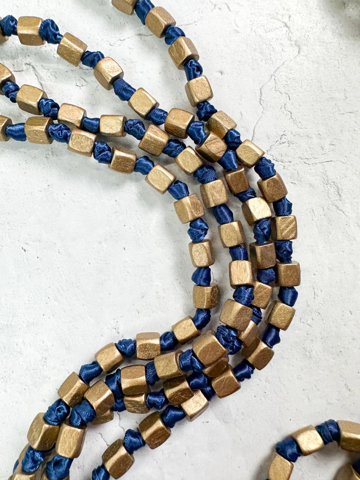4 Strand Square Bead on Knotted Cord Necklace, Gold/Royal Blue
