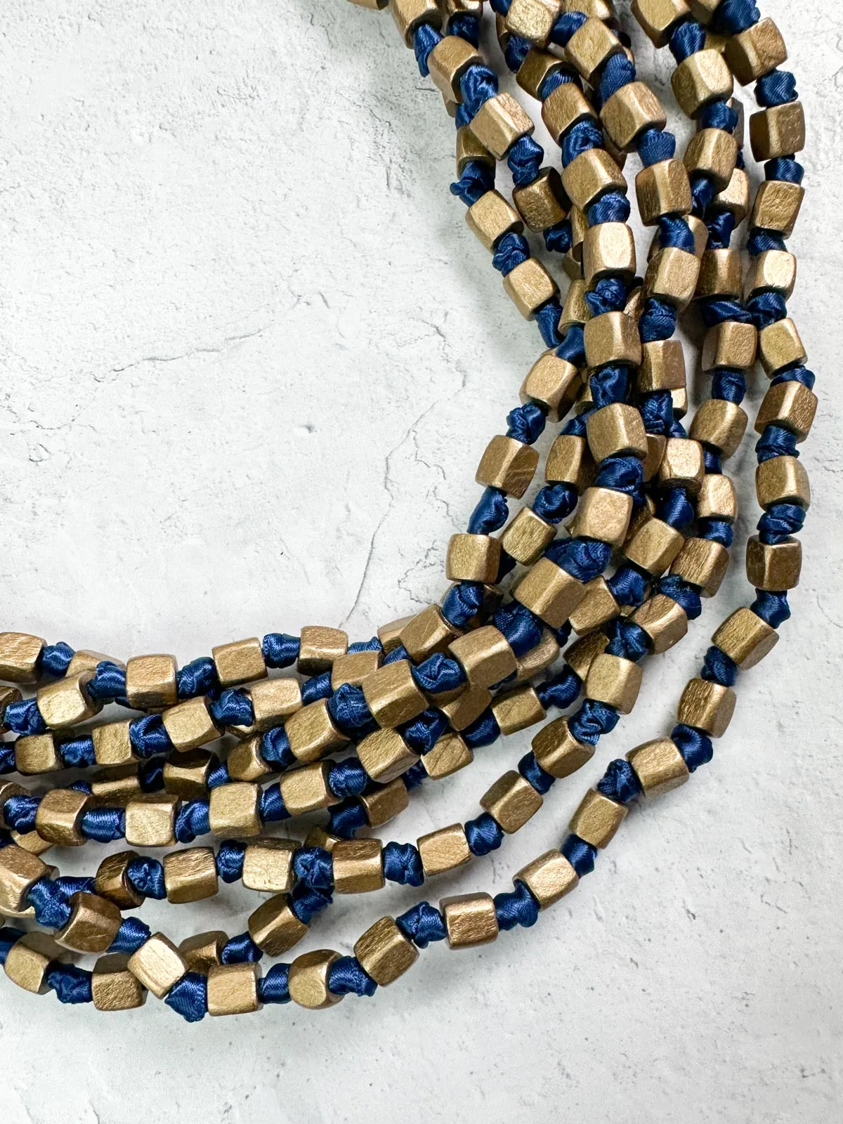 4 Strand Square Bead on Knotted Cord Necklace, Gold/Royal Blue