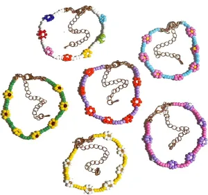 6Pcs Colorful Daisy Flower Bead Bracelets Set Indie Handmade Rainbow Beaded Flower Bracelets Anklets Vsco Boho Summer Beach Braided String Y2K Aesthetic Kidcore Jewelry with Flowers for Women