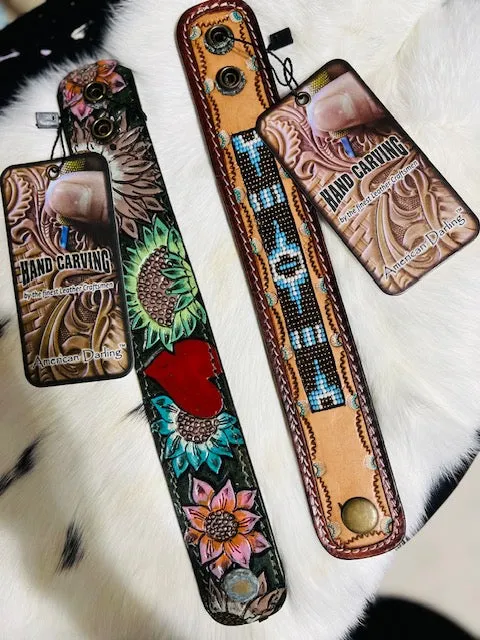 American Darling Genuine Leather Hand Tooled Snap Strap Bracelets