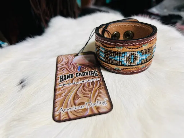 American Darling Genuine Leather Hand Tooled Snap Strap Bracelets
