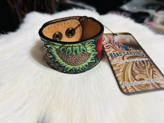 American Darling Genuine Leather Hand Tooled Snap Strap Bracelets