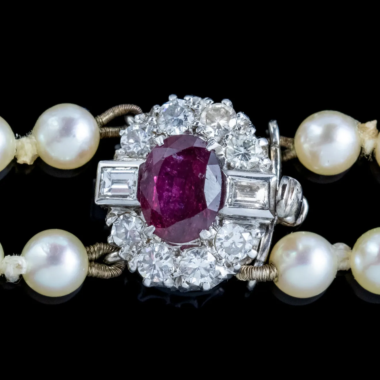 Art Deco Double Pearl Necklace Ruby Diamond 18ct Gold Clasp With Cert