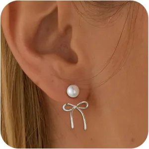 ASCOMY Gold Stud Earrings for Women - Dainty Bow 14K Gold/Silver Plated Pearl Earrings - Trendy Cute Ribbon Minimalist Jewelry Gifts for Her