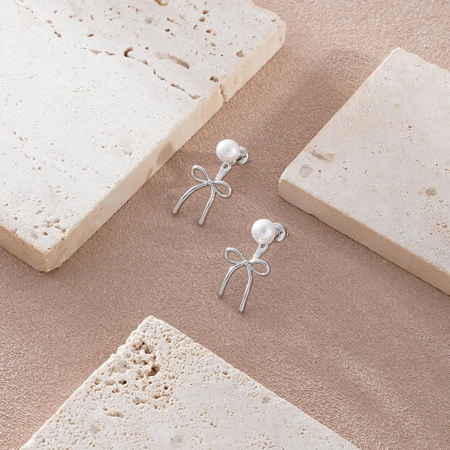 ASCOMY Gold Stud Earrings for Women - Dainty Bow 14K Gold/Silver Plated Pearl Earrings - Trendy Cute Ribbon Minimalist Jewelry Gifts for Her