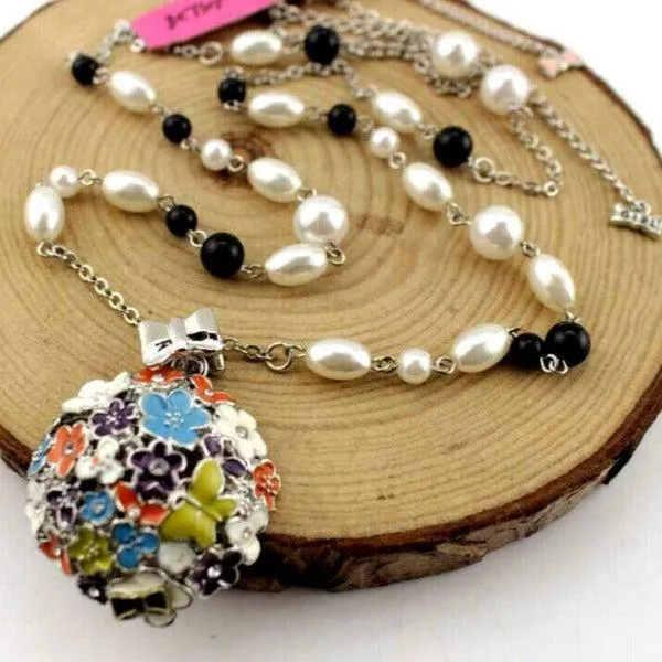 Betsey Johnson Flowers Butterfly Multi-Color Pendant Necklace