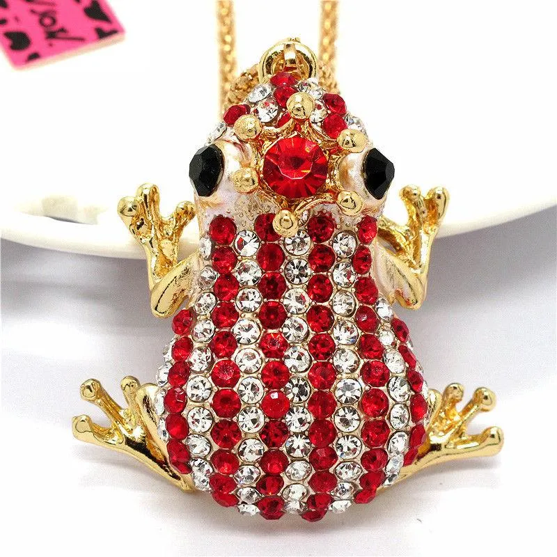 Betsey Johnson Frog Red & Clear Crystal Crowned Striped Necklace