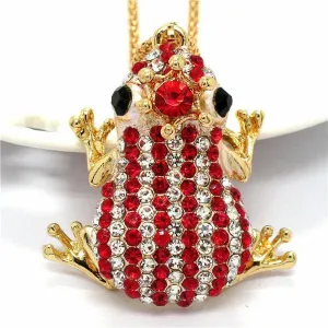 Betsey Johnson Frog Red & Clear Crystal Crowned Striped Necklace