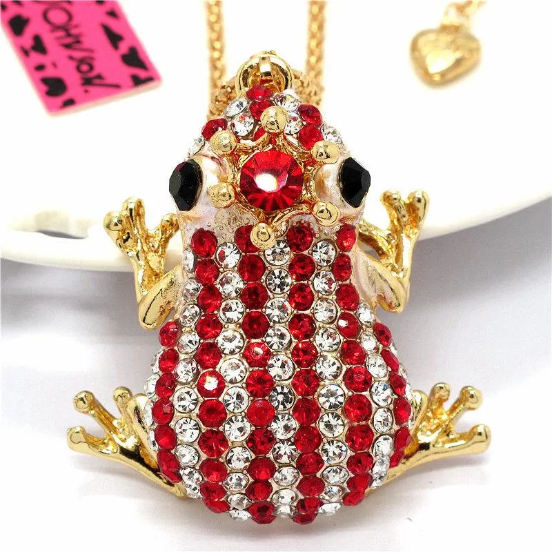 Betsey Johnson Frog Red & Clear Crystal Crowned Striped Necklace