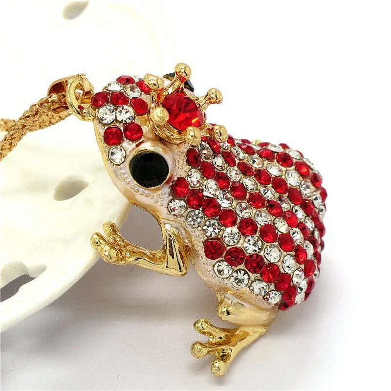 Betsey Johnson Frog Red & Clear Crystal Crowned Striped Necklace