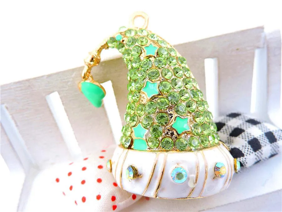 Betsey Johnson Green Crystal Inlay Magic Santa Hat Enamel Gold Necklace