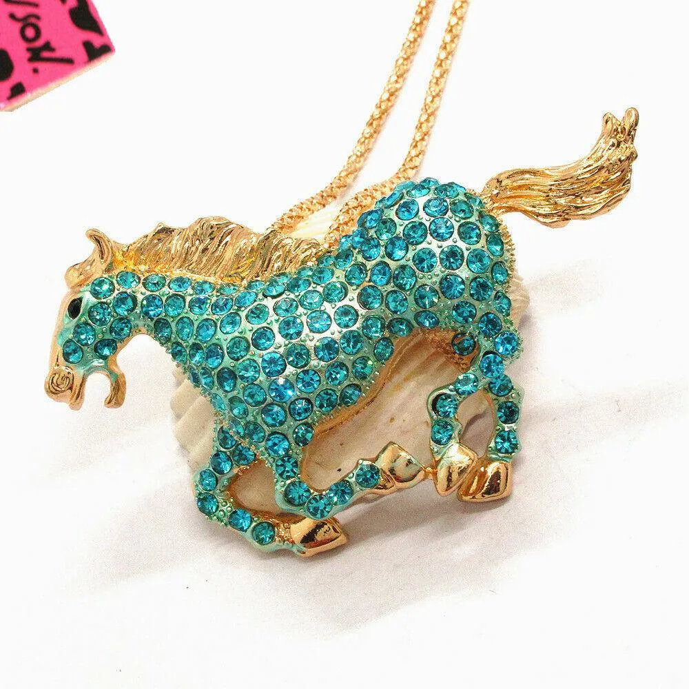 Betsey Johnson Horse Stallion Blue Crystal Rhinestone Gold Necklace