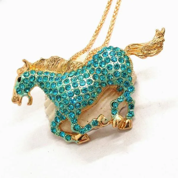 Betsey Johnson Horse Stallion Blue Crystal Rhinestone Gold Necklace