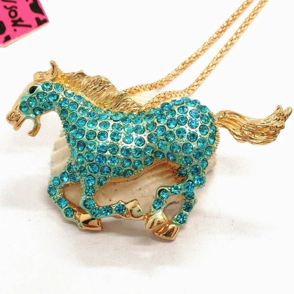Betsey Johnson Horse Stallion Blue Crystal Rhinestone Gold Necklace