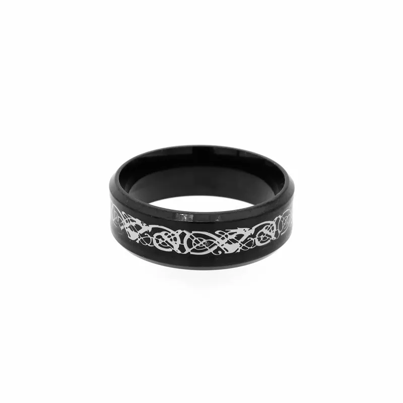 Black Beveled Edge Band Ring with Stripe Pattern