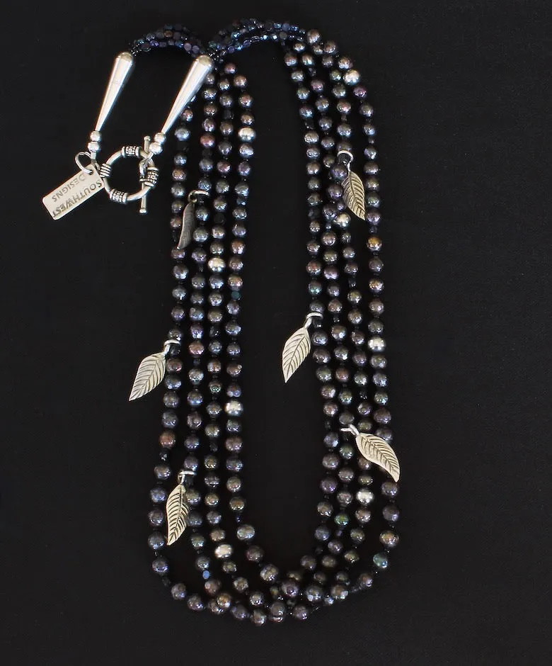 Black Faceted Pearl 4-Strand Necklace with Vintage Czechoslovakian Nailheads, Sterling Silver Leaf Charms, and Oxidized Sterling Silver Rounds