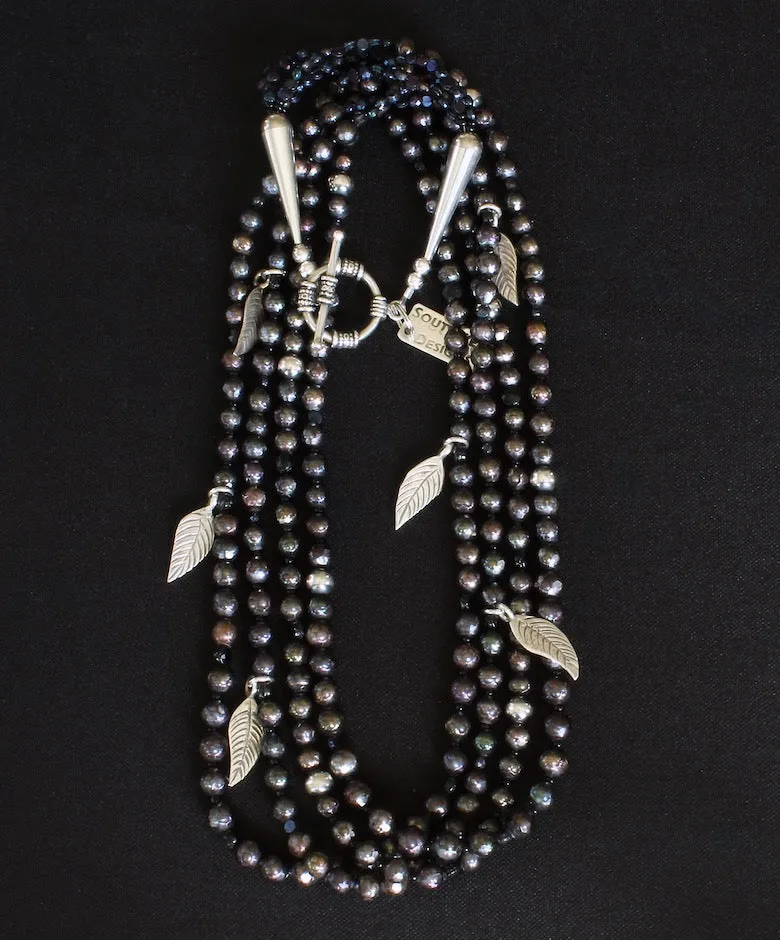 Black Faceted Pearl 4-Strand Necklace with Vintage Czechoslovakian Nailheads, Sterling Silver Leaf Charms, and Oxidized Sterling Silver Rounds