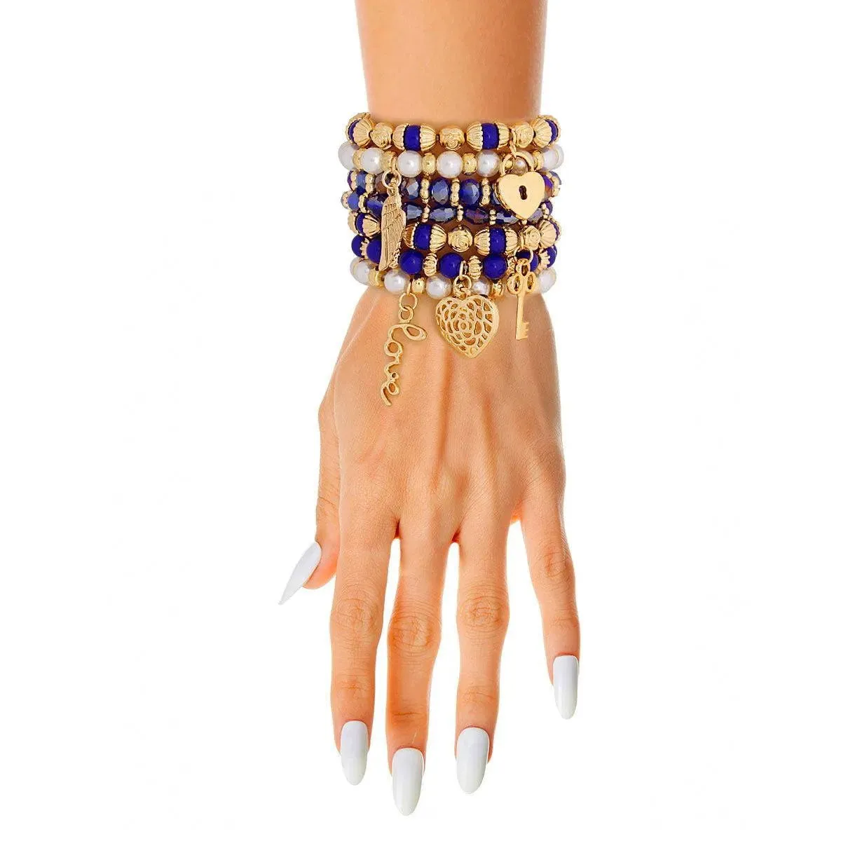 Blue and Faux Pearl Love Bracelets: Feminine and Romantic