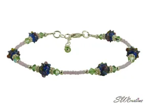 Blue Cobalt Peridot Lavender Beaded Anklet