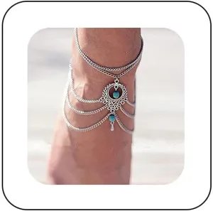Bohemian Layered Turquoise Beaded Anklet Silver Multi-layered Anklets Tassel Chain Boho Beach Barefoot Sandals Chain Foot Statement Jewelry for Women