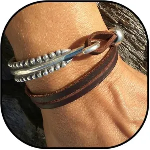 Boho Bracelets for Women Leather Bracelet Silver Beaded Bracelet Leather Bangle Cuff Bracelets Handmade Leather Bracelets Boho Jewelry Gift for Men