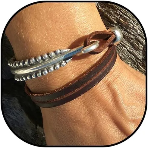 Boho Bracelets for Women Leather Bracelet Silver Beaded Bracelet Leather Bangle Cuff Bracelets Handmade Leather Bracelets Boho Jewelry Gift for Men