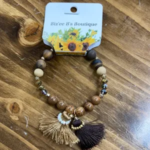 Brown Double Tassel Wood Beaded Stretch Bracelet
