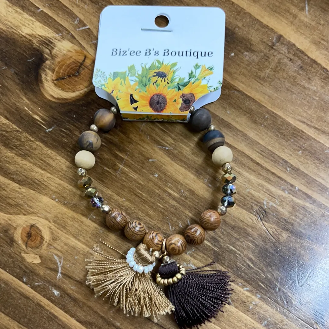 Brown Double Tassel Wood Beaded Stretch Bracelet