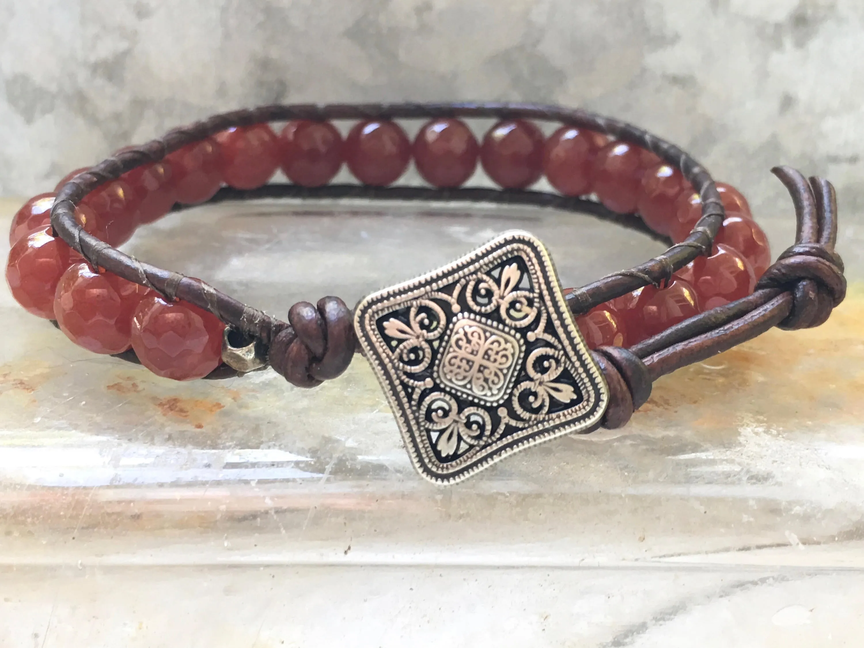 Carnelian Bracelet -  Leather Wrap