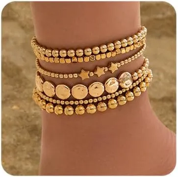 Chargances Boho Layered Beaded Anklet Chain Star Hammered Foot Chain Stacking Foot Anklets Jewelry for Summer Beach Holiday Festival