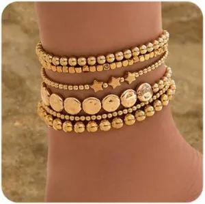 Chargances Boho Layered Beaded Anklet Chain Star Hammered Foot Chain Stacking Foot Anklets Jewelry for Summer Beach Holiday Festival
