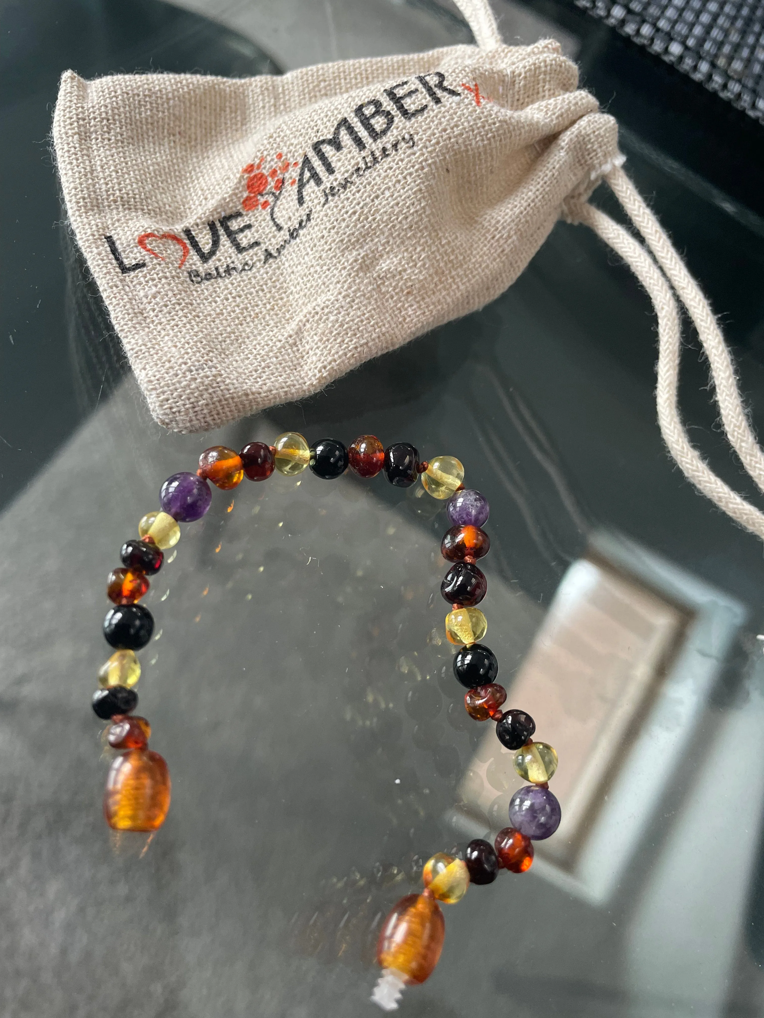 Child Shanti Amethyst Shungite Polished Baltic Amber Anklet Bracelet