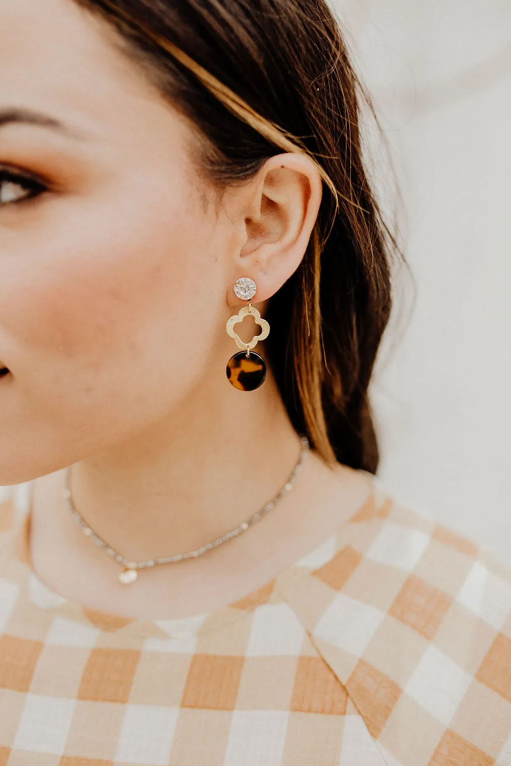 Chloe Gold Plated Brush Clover Tortoise Post Earrings