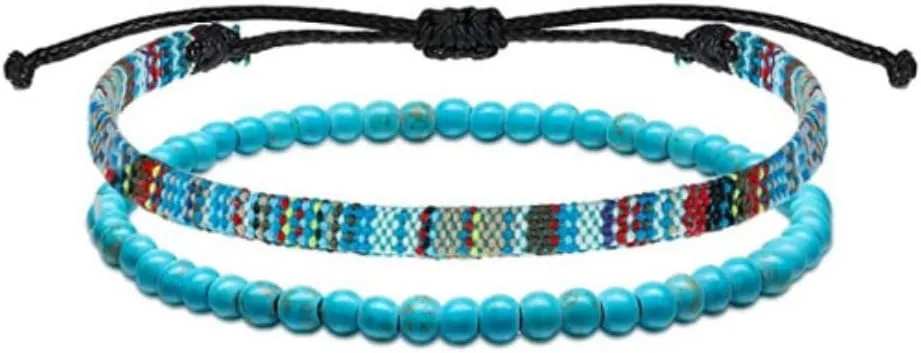 DATOA 2Pcs Boho Surfer Ankle Bracelet for Women Men Adjustable Beaded Anklets Unisex Handmade Braided Bracelet Waterproof Beach Jewelry