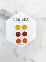 Druzy Stud Earring Set of 3 Yellow, Brown & Orange in Silver Setting