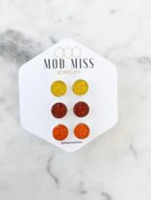 Druzy Stud Earring Set of 3 Yellow, Brown & Orange in Silver Setting
