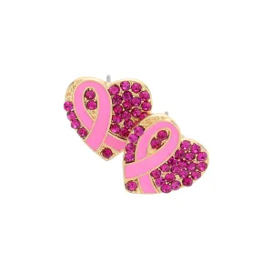 Enamel Pink Ribbon Rhinestone Heart Stud Earrings