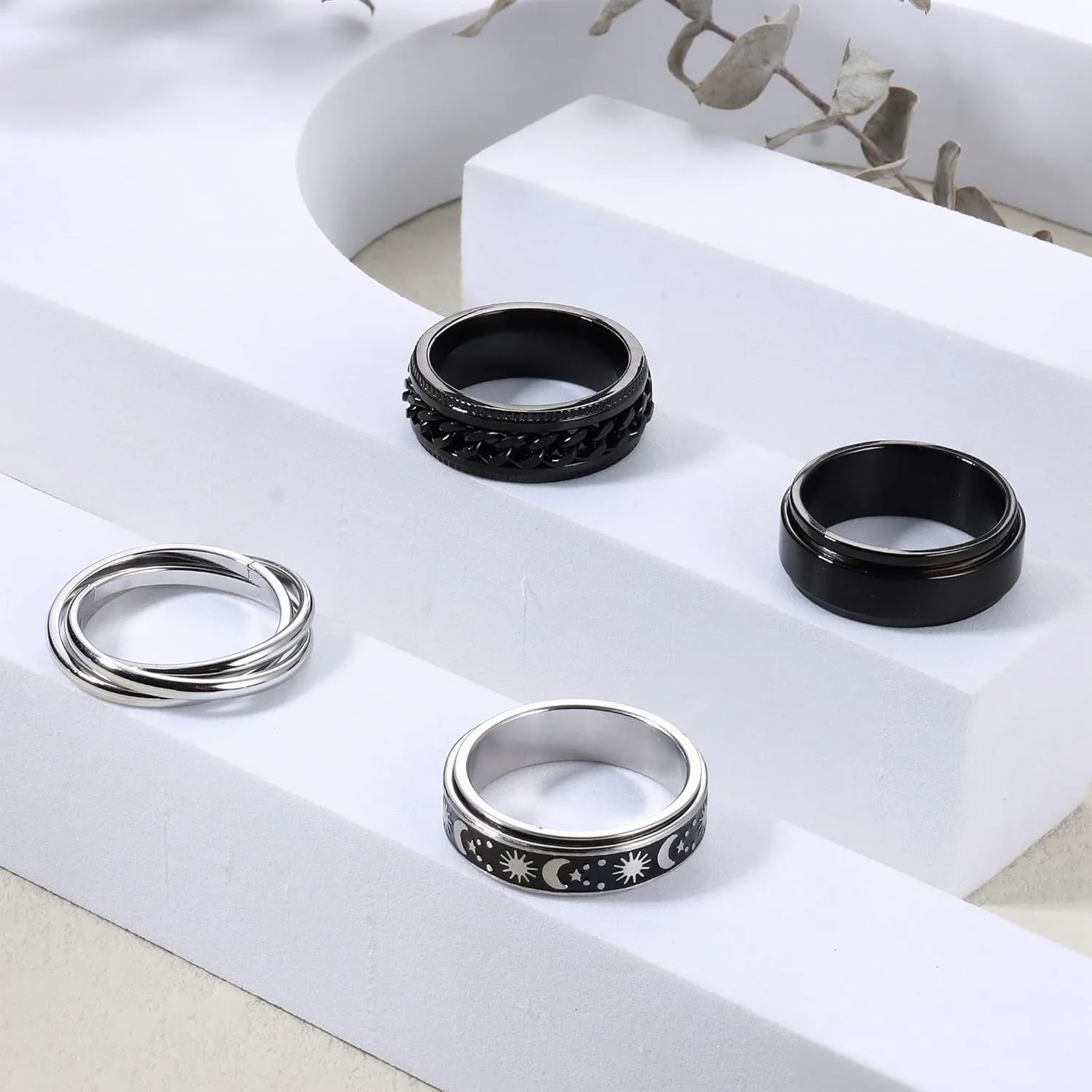 FUNRUN JEWELRY Stainless Steel Fidget Anxiety Ring for Women Men Fidget Spinner Rings Moon Star Celtic Stress Relieving Spinning Ring Wedding Band Rings Set,4-6Pcs