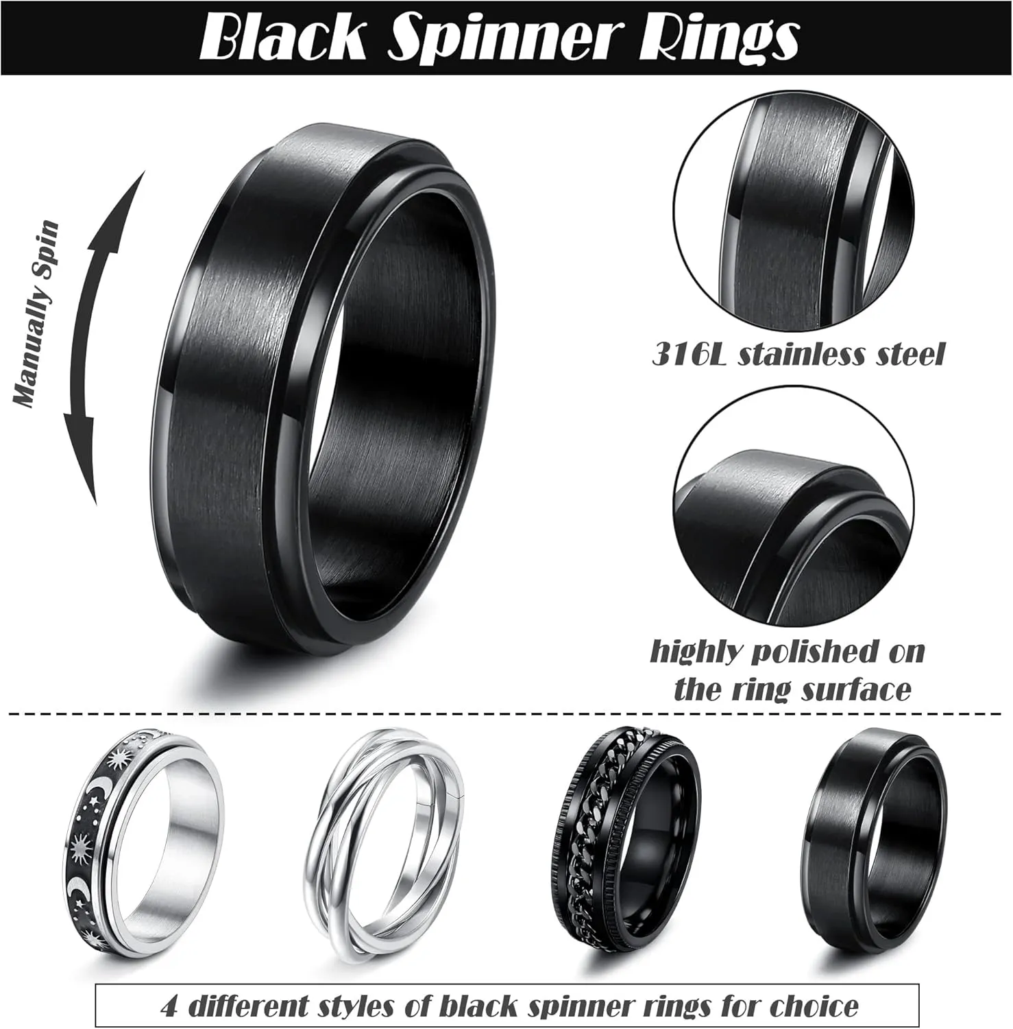 FUNRUN JEWELRY Stainless Steel Fidget Anxiety Ring for Women Men Fidget Spinner Rings Moon Star Celtic Stress Relieving Spinning Ring Wedding Band Rings Set,4-6Pcs