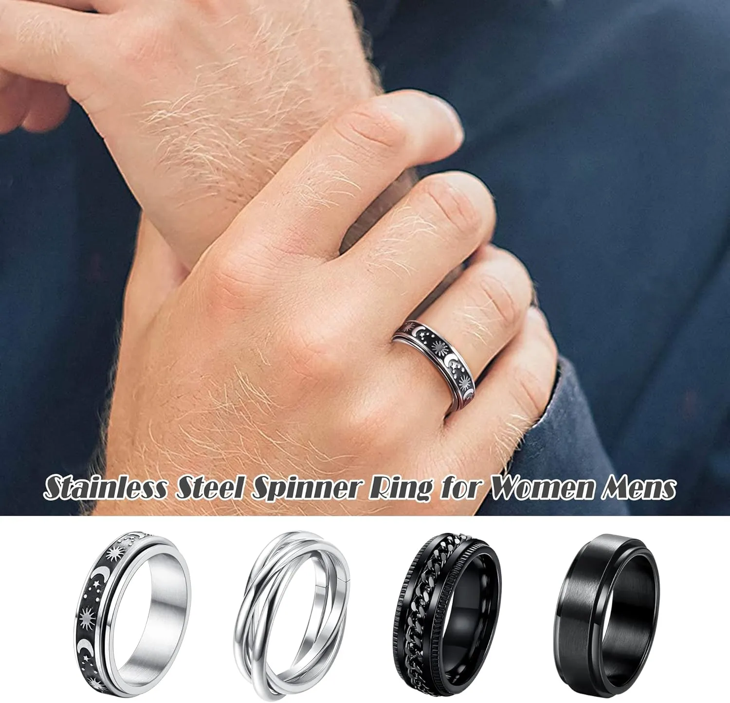 FUNRUN JEWELRY Stainless Steel Fidget Anxiety Ring for Women Men Fidget Spinner Rings Moon Star Celtic Stress Relieving Spinning Ring Wedding Band Rings Set,4-6Pcs