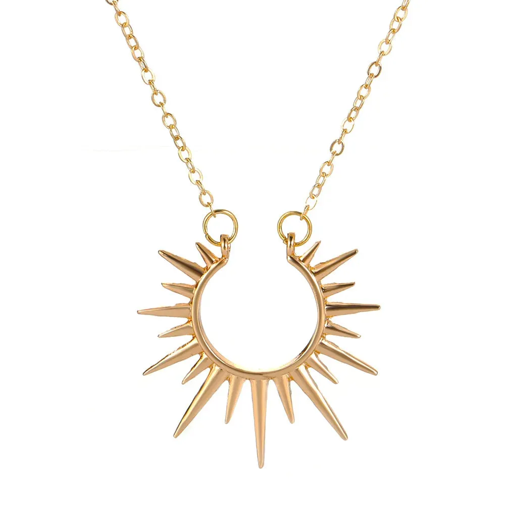 Gold Hollow Geometric Sun Pendant Necklace  Vintage Party Jewelry Gift for Women