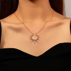 Gold Hollow Geometric Sun Pendant Necklace  Vintage Party Jewelry Gift for Women