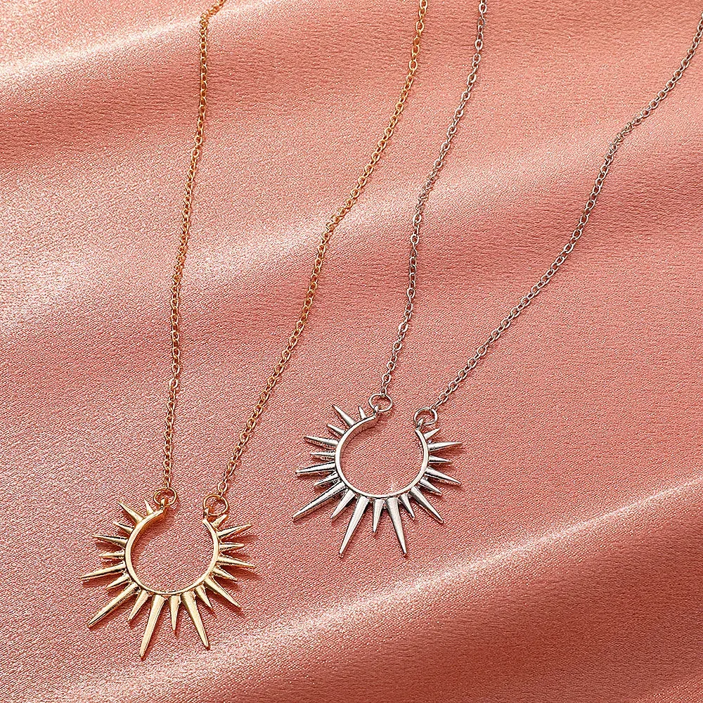 Gold Hollow Geometric Sun Pendant Necklace  Vintage Party Jewelry Gift for Women