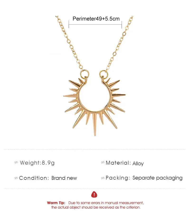 Gold Hollow Geometric Sun Pendant Necklace  Vintage Party Jewelry Gift for Women
